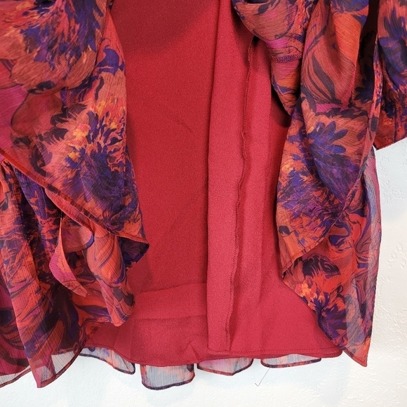 NEW Cinq a Sept Livie Floral Tiered Ruffle Chiffon Dress Dark Red Size 4 - Picture 10 of 13